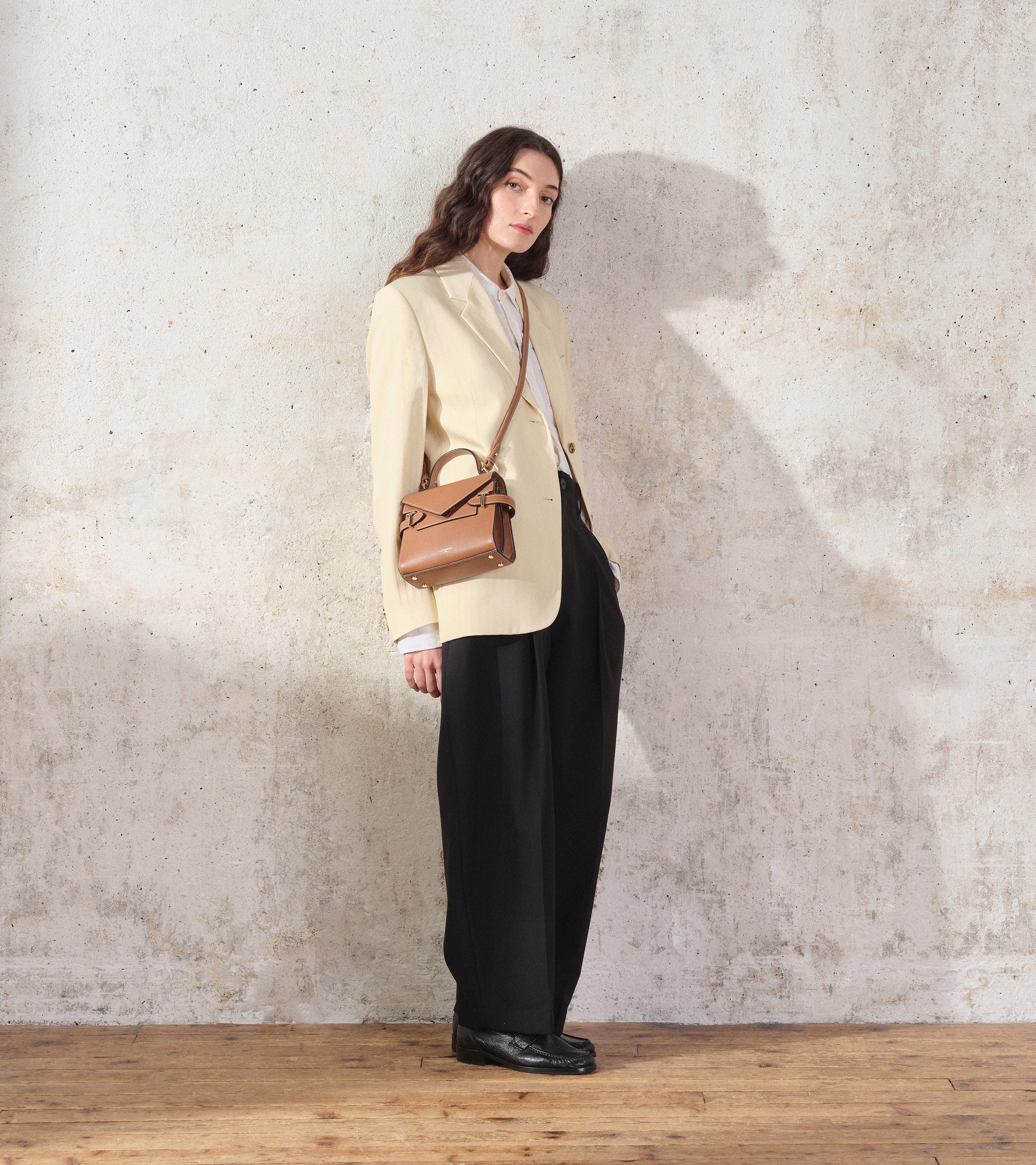 Emilie small grained leather double flap handbag
